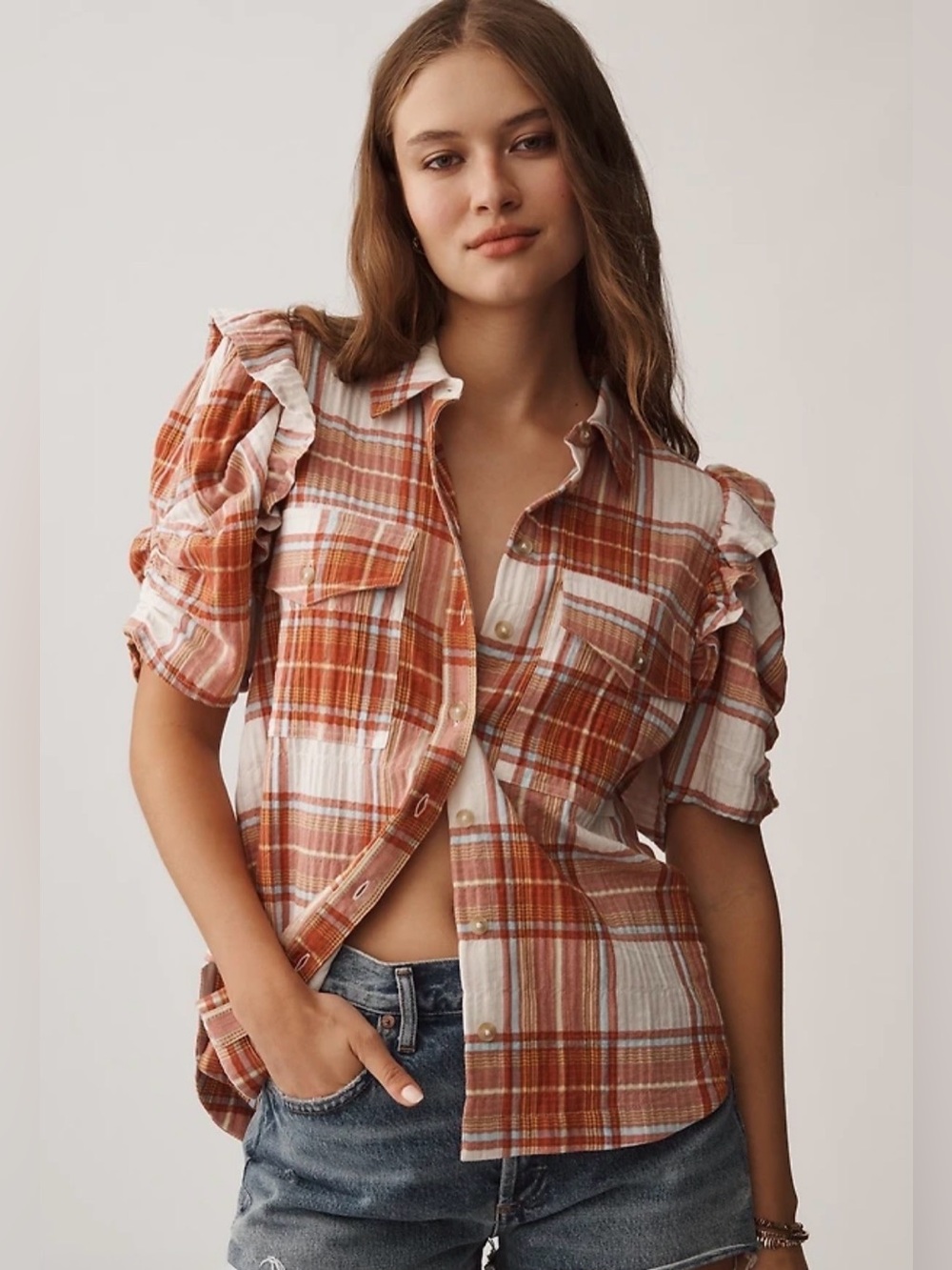 Anthropologie Pilcro The Ozzi Plaid Ruffle-Sleeve
Buttondown Shirt
